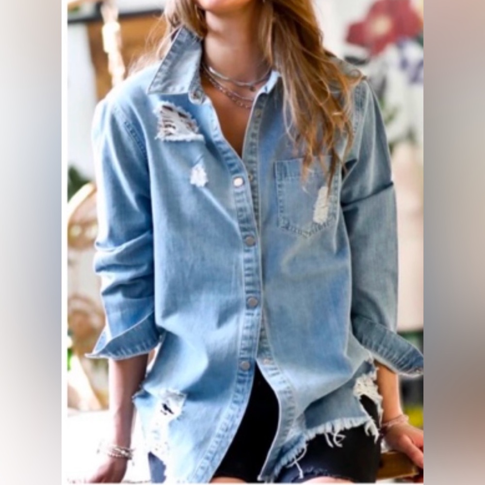 NWT- Distressed denim shirt with snap closure.